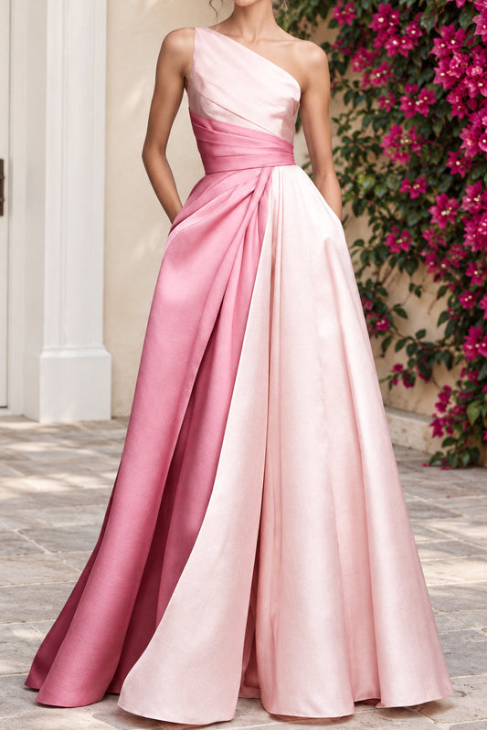 One-Shoulder Pleated Ombre Satin A-Line Gown