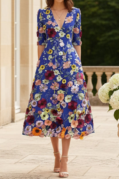 Floral Embroidered Deep V-Neck Midi Dress with Pockets