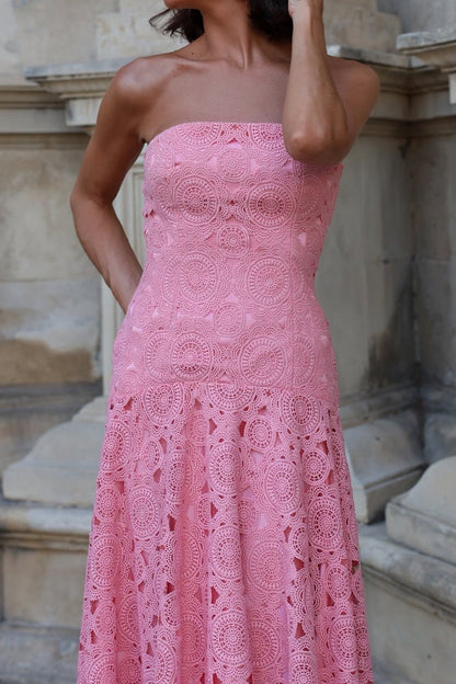 Strapless Lace A-Line Midi Dress