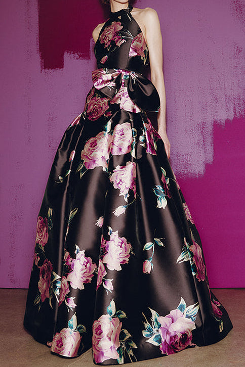 Halter Floral Print Satin Ball Gown with Waist Bow