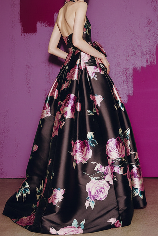 Halter Floral Print Satin Ball Gown with Waist Bow