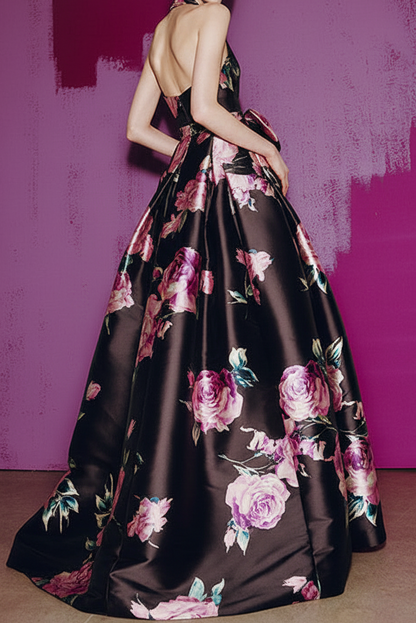 Halter Floral Print Satin Ball Gown with Waist Bow
