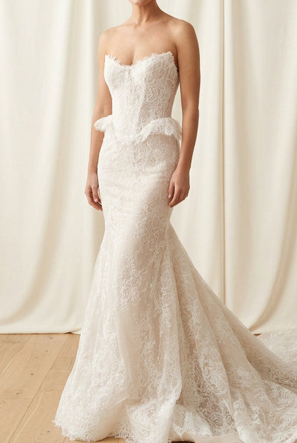 Strapless Lace Mermaid Wedding Dress with Peplum