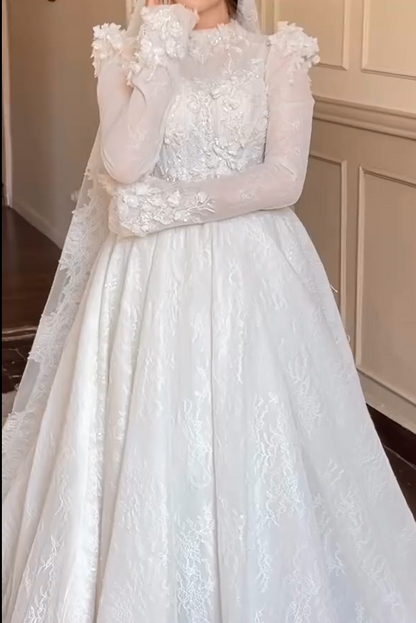 Long Sleeve Floral Applique Bridal Gown