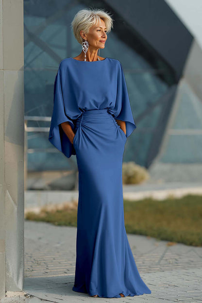 Elegant Ruched Evening Gown with Cape Sleeves