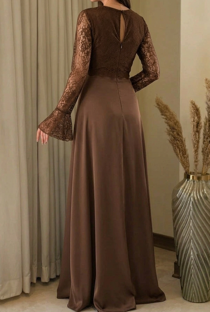 Lace Bodice Maxi Evening Dress with Bell Sleeves