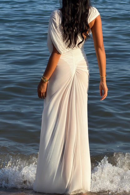 Draped V-Neck Ruched Maxi Dress