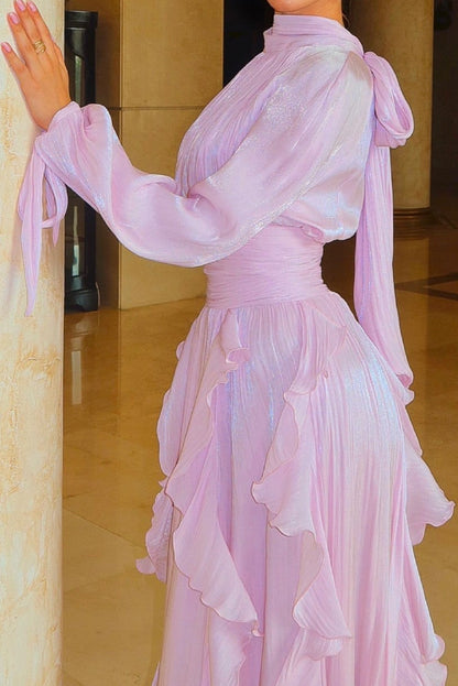 Pleated High Neck Maxi Dress with Ruffles