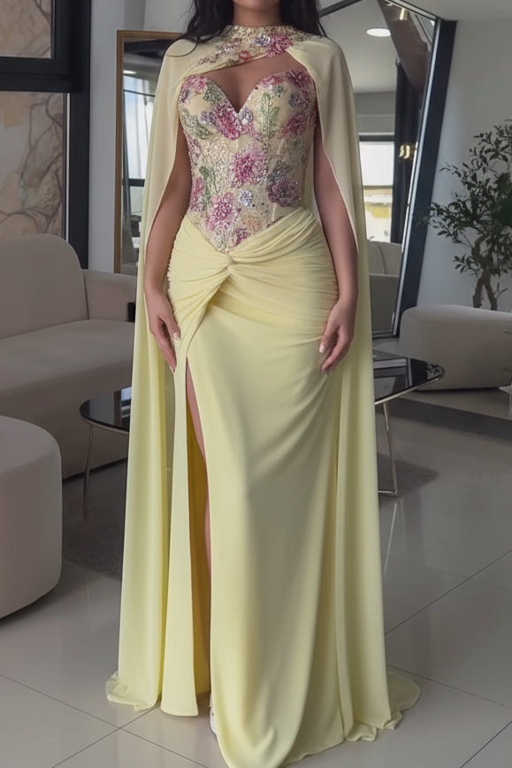 Embroidered Corset Cape Evening Gown with Slit