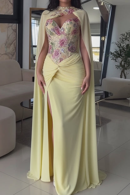 Embroidered Corset Cape Evening Gown with Slit