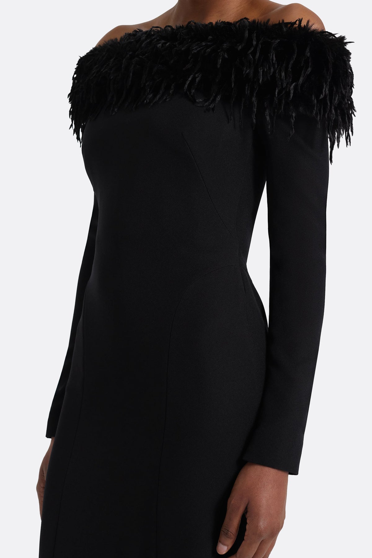 Off-the-Shoulder Feather Trim Long Sleeve Gown