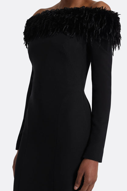 Off-the-Shoulder Feather Trim Long Sleeve Gown