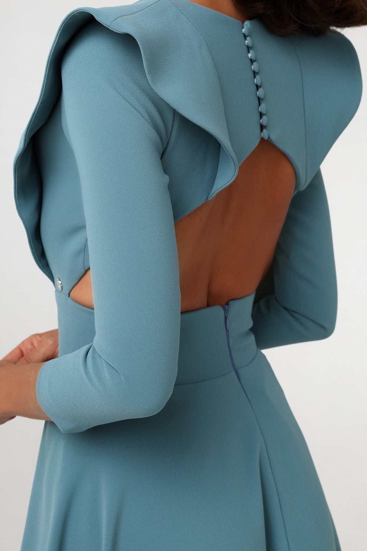Open-Back Dress with Shoulder Flaps and Buttons