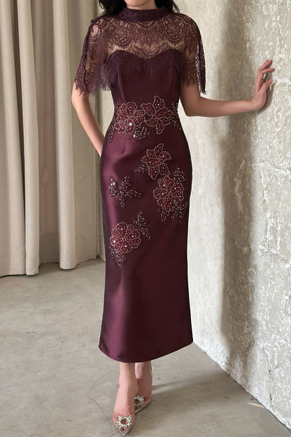Lace Capelet Ankle-Length Column Dress with Beading