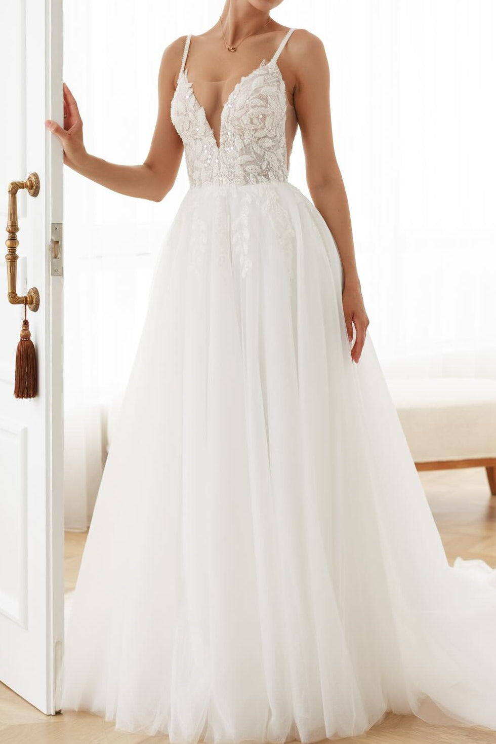 Deep V-Neck A-Line Tulle Bridal Gown