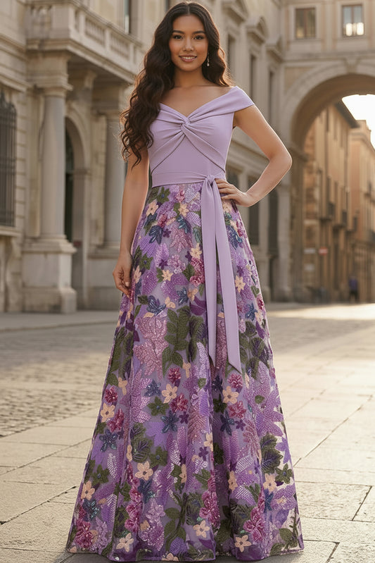 Floral Embroidered Off-the-Shoulder A-Line Gown