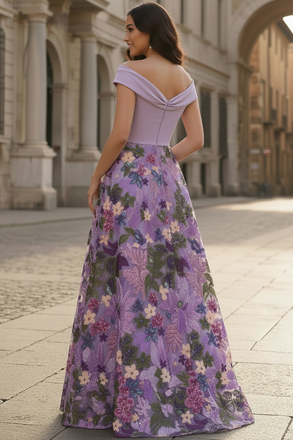 Floral Embroidered Off-the-Shoulder A-Line Gown