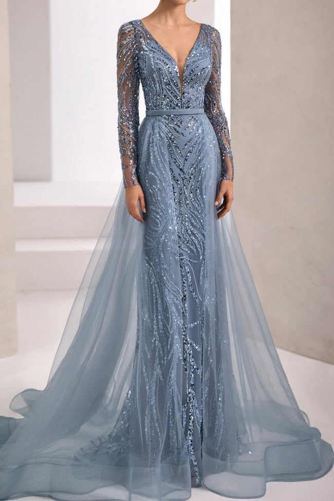 Sequin Evening Gown with Overskirt Train