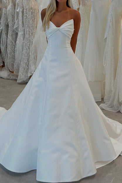 Strapless Twist-Front Satin A-Line Wedding Dress