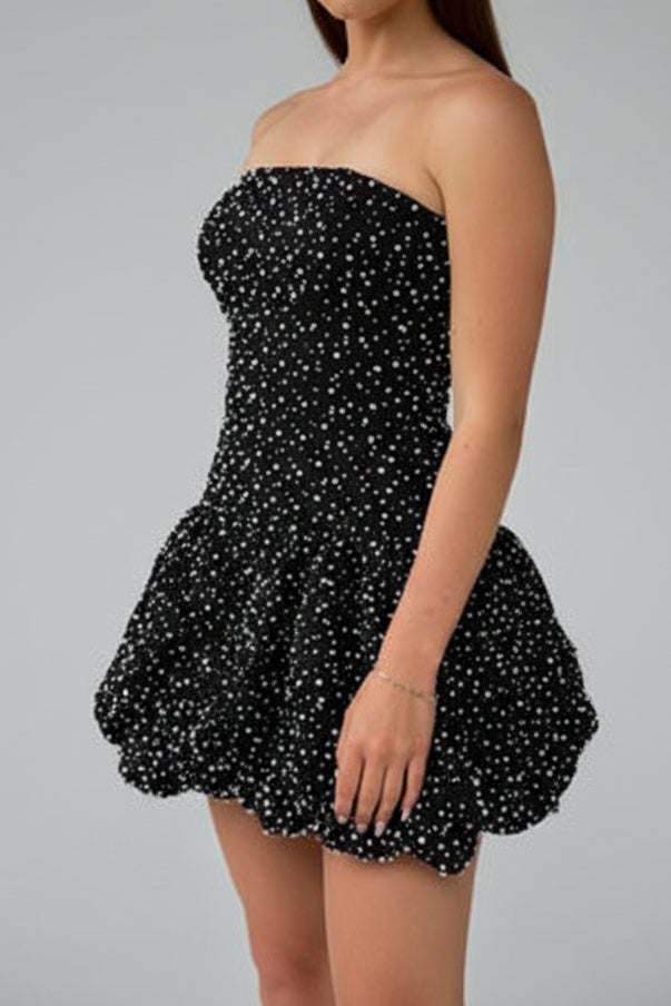 Strapless Pearl Embellished Bubble Mini Dress