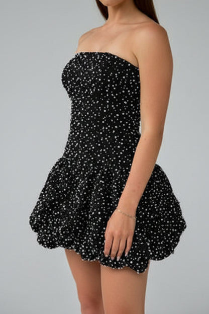 Strapless Pearl Embellished Bubble Mini Dress