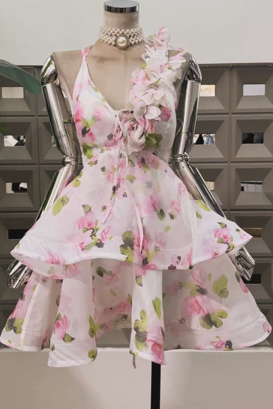 Floral Tiered Organza Mini Dress
