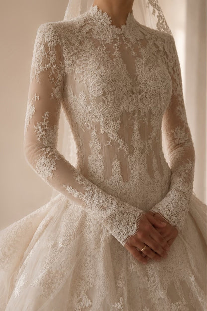 High-Neck Illusion Long Sleeve Lace Ball Gown Wedding Dress