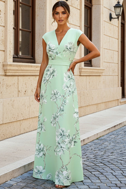 Floral Print A-Line Maxi Dress with Cap Sleeves