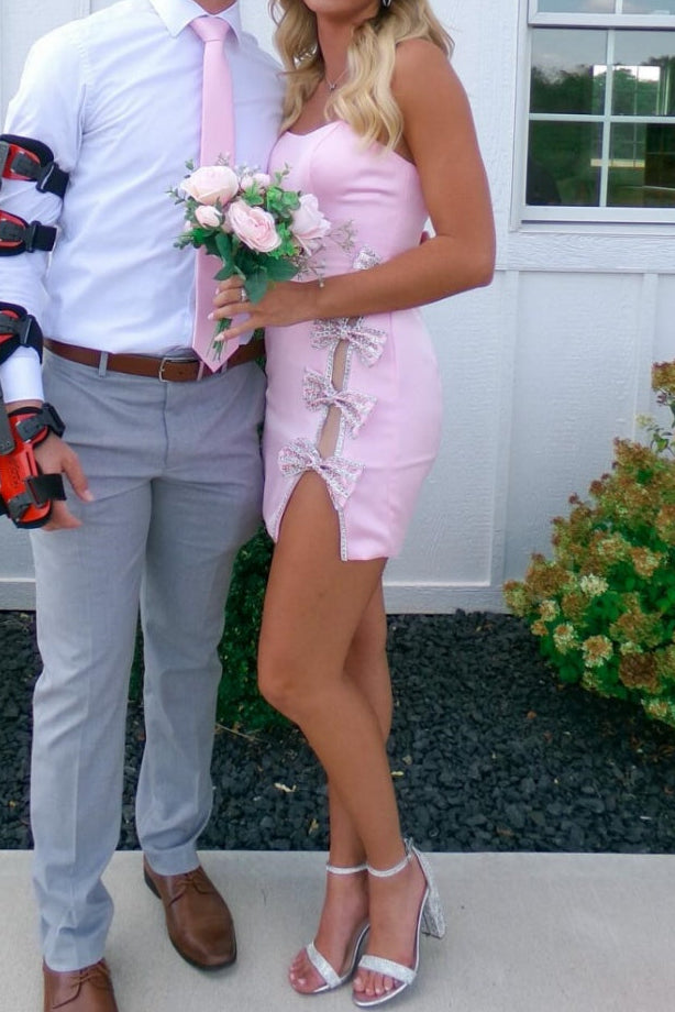 Strapless Satin Mini Dress with Crystal Bow Details