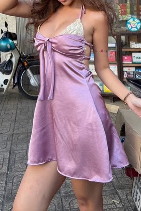 Halter Satin Mini Dress with Front Tie & Lace Trim