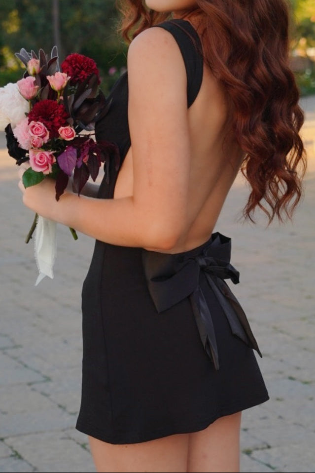 Square Neck Backless Mini Dress with Bow