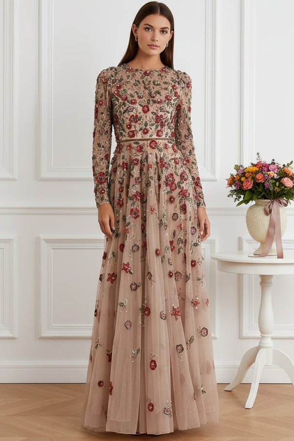 Long Sleeve Embroidered Floral A-Line Evening Gown
