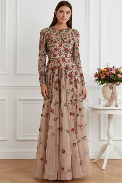 Long Sleeve Embroidered Floral A-Line Evening Gown