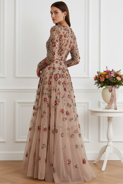 Long Sleeve Embroidered Floral A-Line Evening Gown
