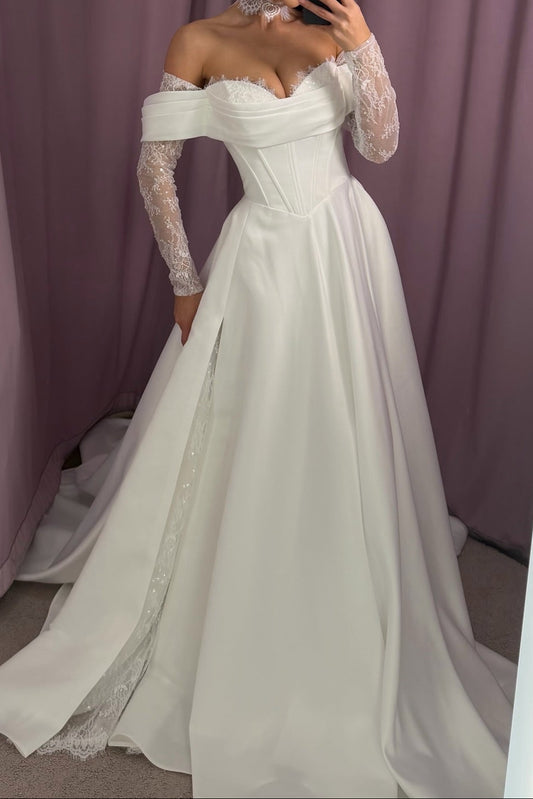 Off-the-Shoulder Lace Sleeve A-Line Wedding Dress