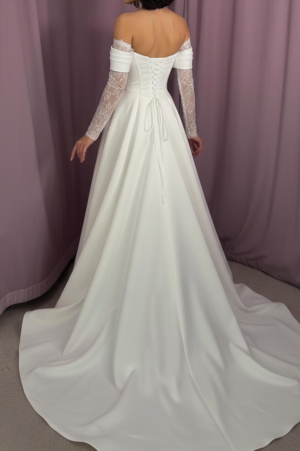 Off-the-Shoulder Lace Sleeve A-Line Wedding Dress