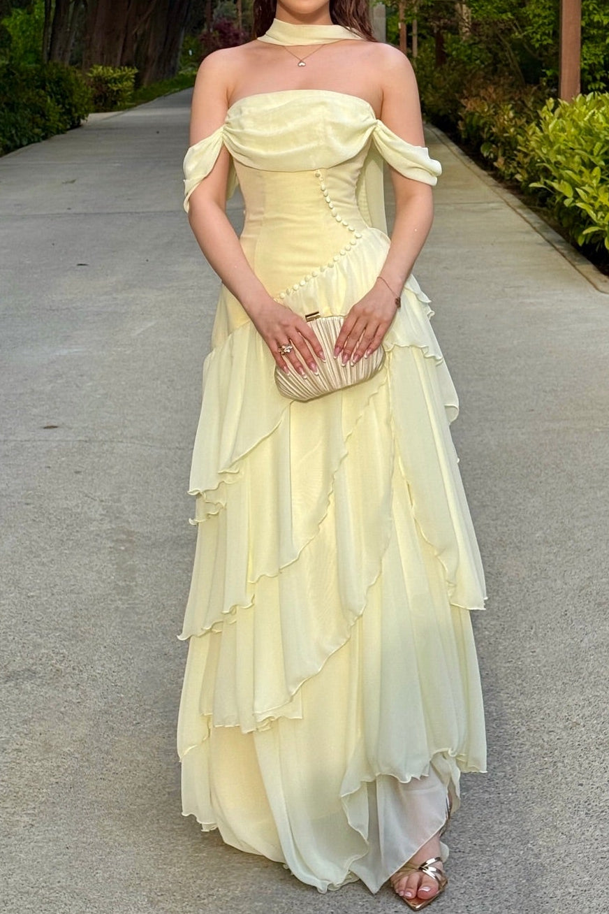 Off-the-Shoulder Tiered Chiffon Evening Gown
