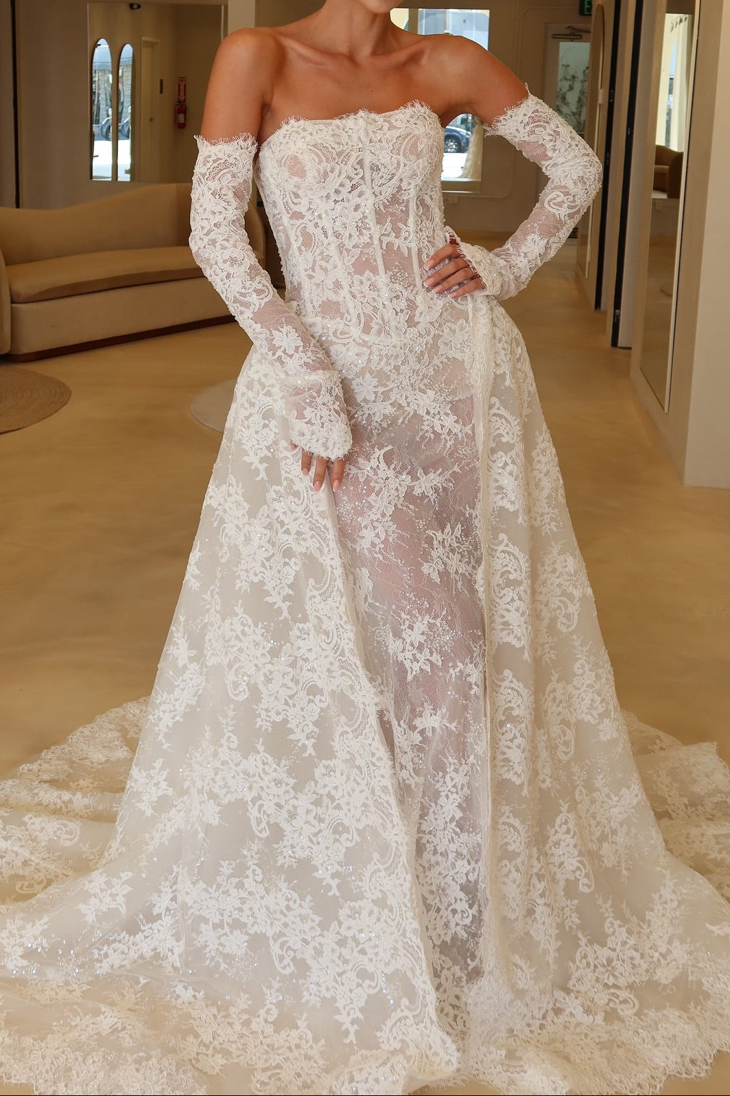 Strapless Lace Corset Bridal Gown with Overskirt