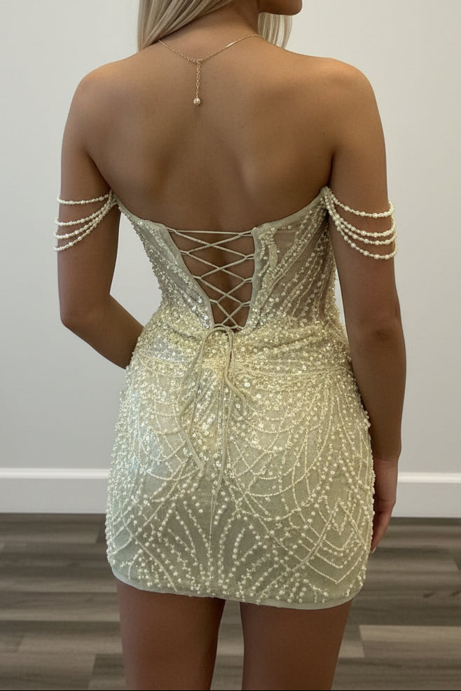 Off Shoulder Pearl Beaded Bodycon Mini Dress