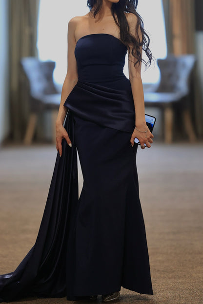 Strapless Asymmetric Draped Gown with Corset Back