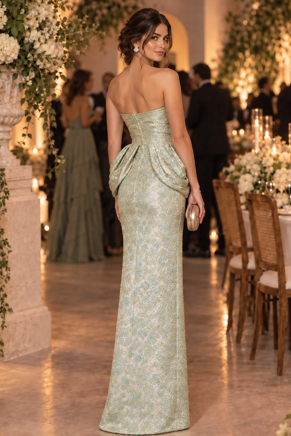 Strapless Jacquard Column Gown with Draped Waist