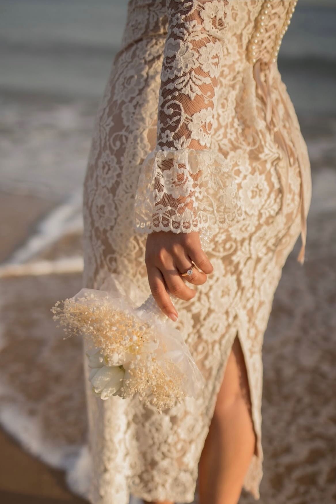 High Neck Lace Midi Wedding Dress with Keyhole Back