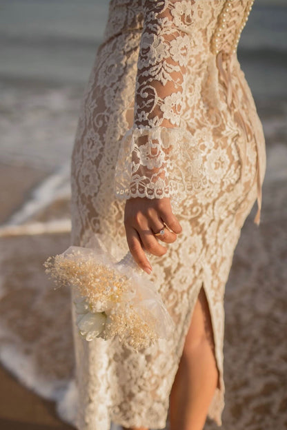 High Neck Lace Midi Wedding Dress with Keyhole Back