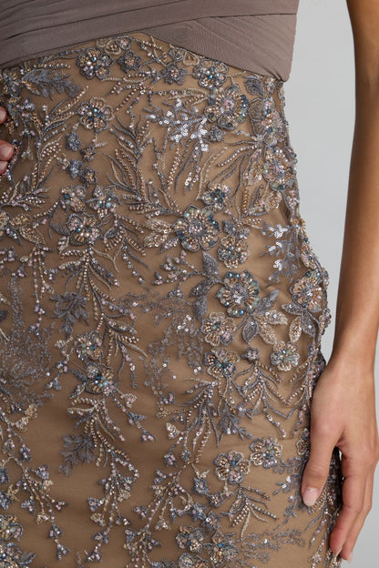 Ruched V-Neck Embroidered Trumpet Gown