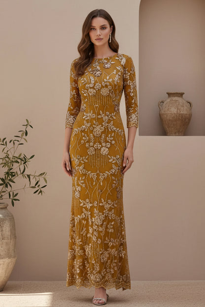 Elegant Beaded Sheath Evening Gown with 3/4 Sleeves