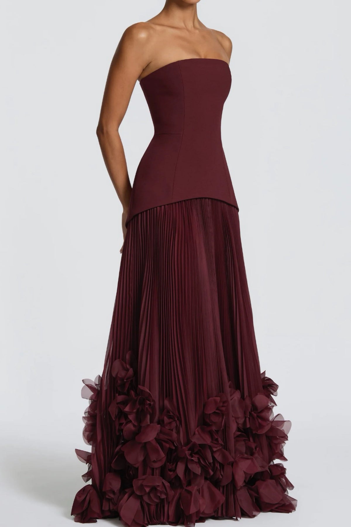 Strapless Pleated Gown with 3D Floral Hem & Scarf