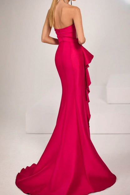 Strapless Asymmetric Gown with Beaded Bust & Ruffle