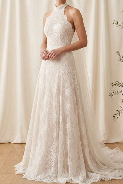 Halter High Neck Lace A-Line Wedding Dress
