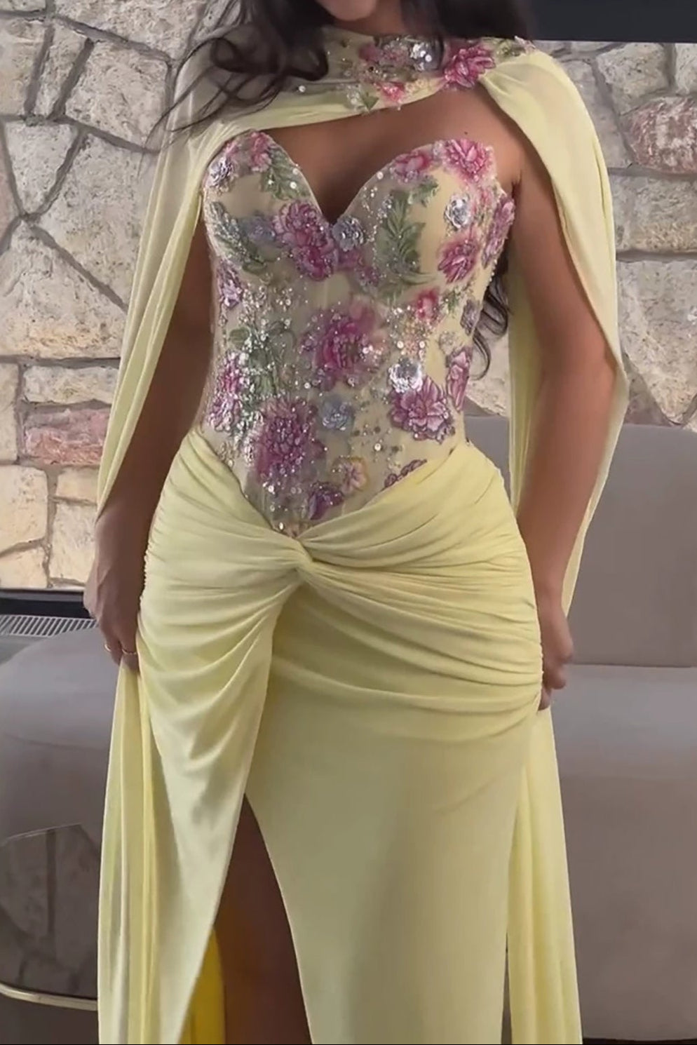 Embroidered Corset Cape Evening Gown with Slit