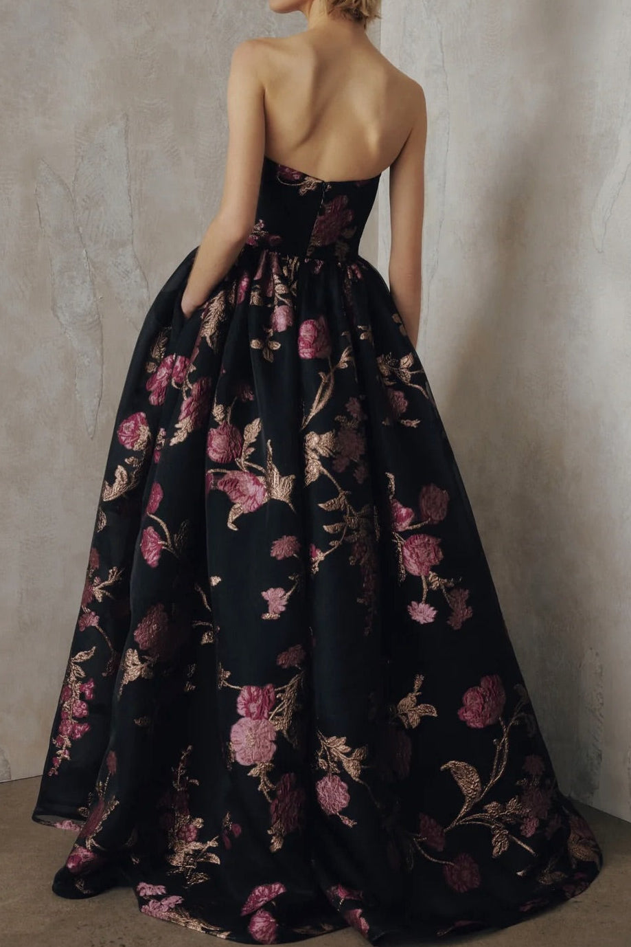 Strapless Floral Jacquard Ball Gown with Pockets